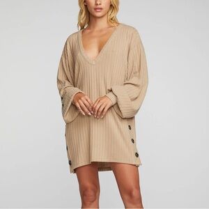 Chaser M Long Sleeve Ribbed Dress, Beige/Tan with button embellishment